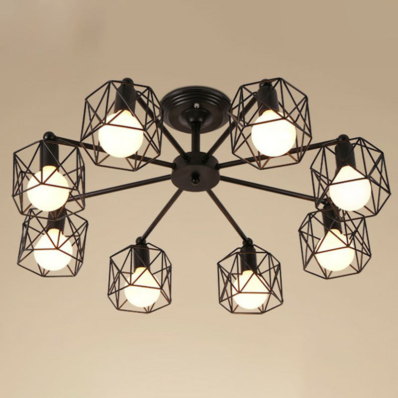 8 Bulbs Chandelier Lighting Retro Style Radial Iron Light Black - Rebooters