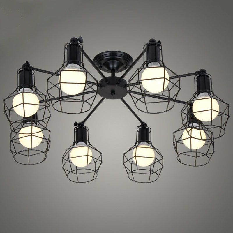 8 Bulbs Chandelier Lighting Retro Style Radial Iron Light Black - Rebooters