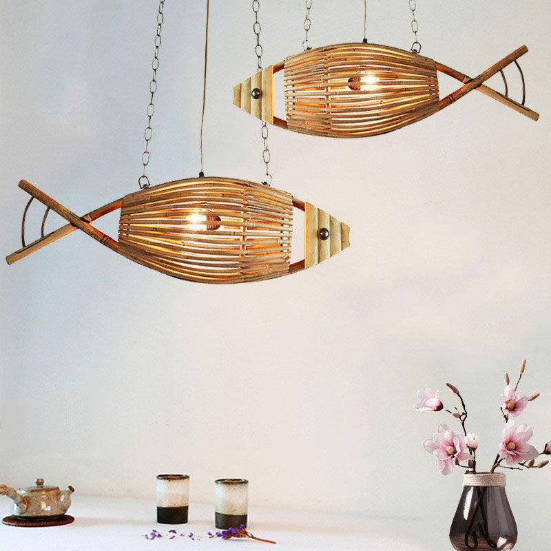 Bamboo Fish Suspension Light Asian Style Chandelier Wood - Rebooters