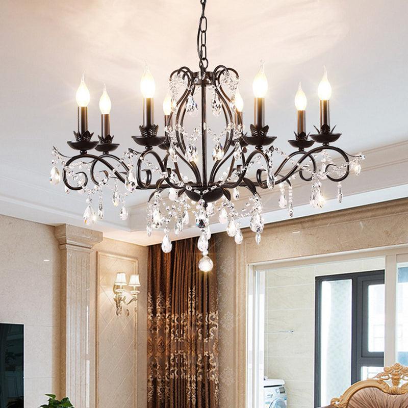 6/8 Lights Candle Chandelier Traditional Black Metallic Pendant Ceiling Light with Crystal Accents - Rebooters
