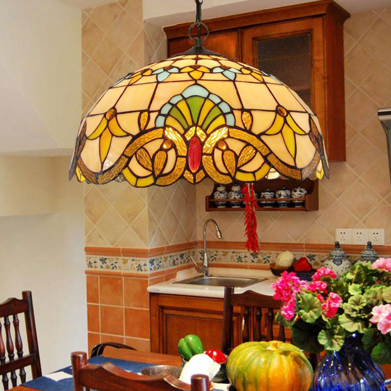 2 Heads Chandelier Pendant Light Retro Style Bowl Stained Glass Hanging Light in Beige - Rebooters