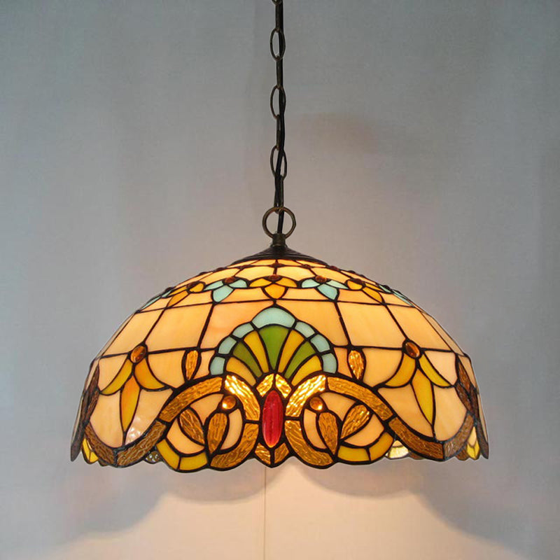 2 Heads Chandelier Pendant Light Retro Style Bowl Stained Glass Hanging Light in Beige - Rebooters