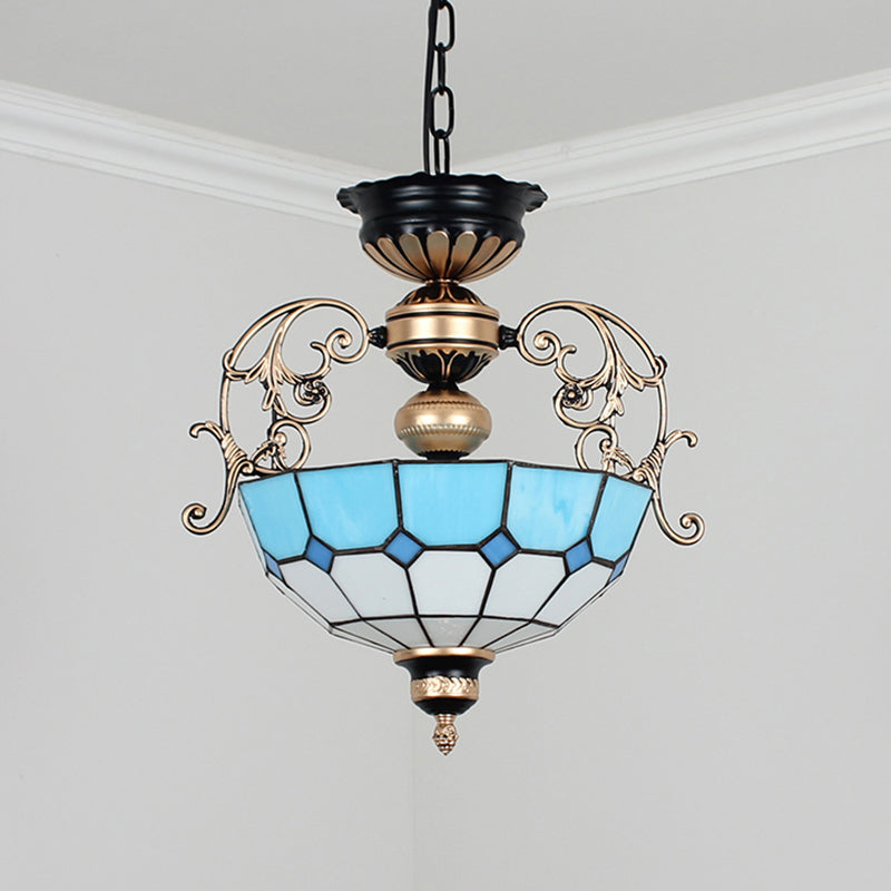 Inverted Dome Chandelier Light 3 Bulbs Gridded Glass Fixture - Rebooters