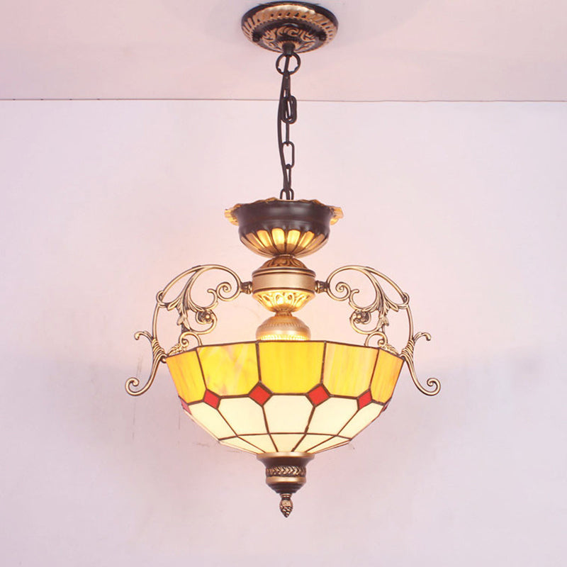 Inverted Dome Chandelier Light 3 Bulbs Gridded Glass Fixture - Rebooters