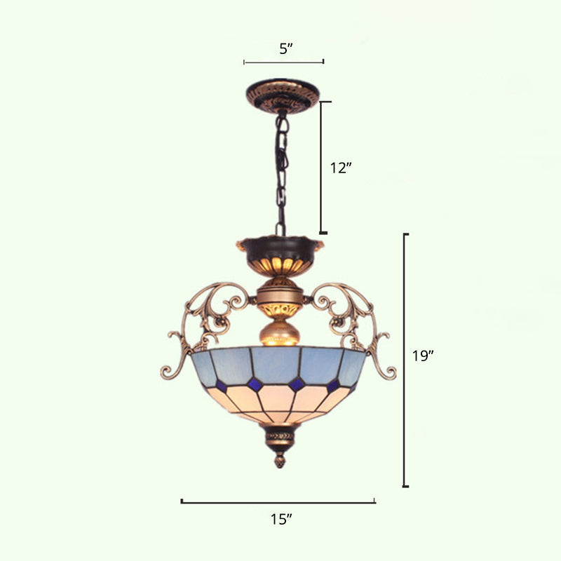 Inverted Dome Chandelier Light 3 Bulbs Gridded Glass Fixture - Rebooters