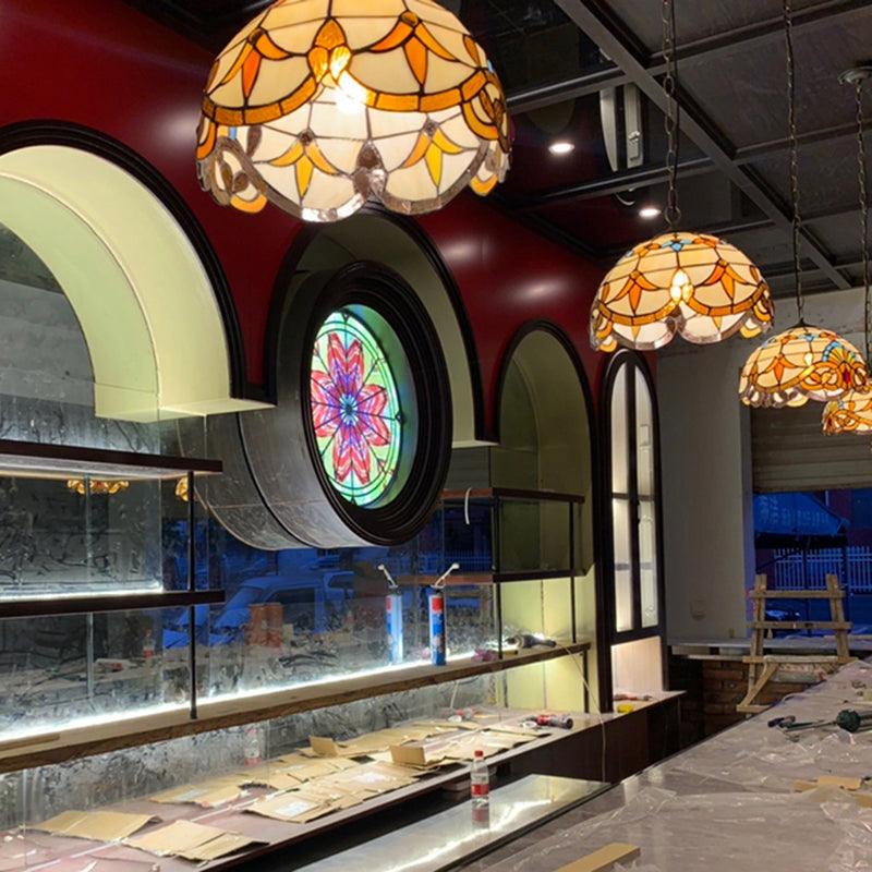 Beige 1 Head Suspension Light Antique Stained Glass Pendant - Rebooters