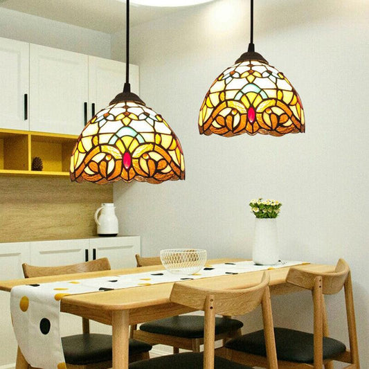 Beige 1 Head Suspension Light Antique Stained Glass Pendant - Rebooters