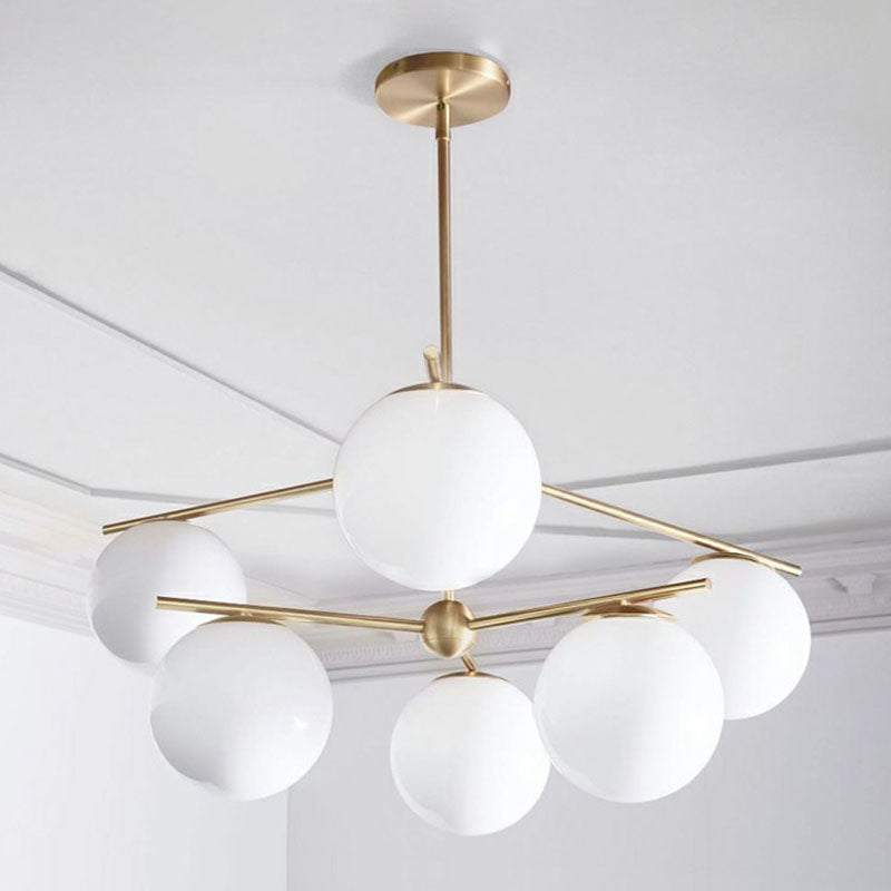 White Glass Globe Chandelier Simplicity 6 Heads Gold Ceiling Light - Rebooters