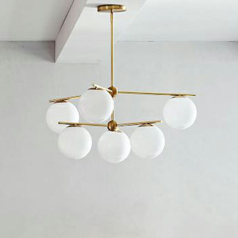 White Glass Globe Chandelier Simplicity 6 Heads Gold Ceiling Light - Rebooters