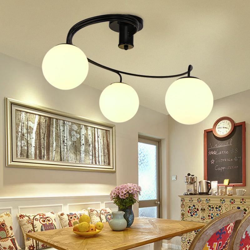 3/5 Lights Living Room Ceiling Light Fixture Traditional Black Semi Flush with Globe White Glass Shade - Rebooters