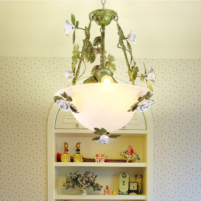 White Glass Bell Shape Pendant Chandelier American Flower Dining Room Hanging Light in Green - Rebooters