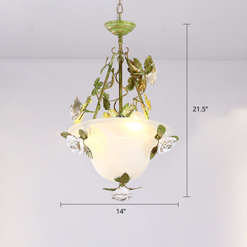 White Glass Bell Shape Pendant Chandelier American Flower Dining Room Hanging Light in Green - Rebooters