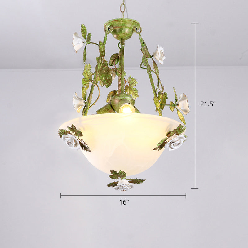 White Glass Bell Shape Pendant Chandelier American Flower Dining Room Hanging Light in Green - Rebooters