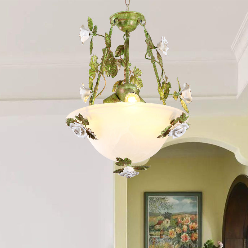 White Glass Bell Shape Pendant Chandelier American Flower Dining Room Hanging Light in Green - Rebooters