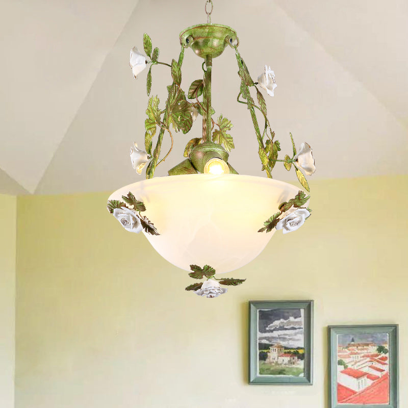 White Glass Bell Shape Pendant Chandelier American Flower Dining Room Hanging Light in Green - Rebooters