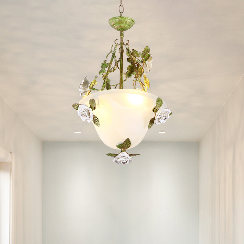 White Glass Bell Shape Pendant Chandelier American Flower Dining Room Hanging Light in Green - Rebooters