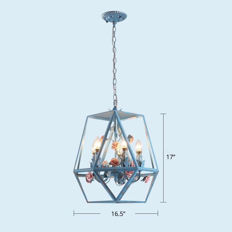 5-Light Cage Chandelier Pendant Light American Garden Blue Metal Lamp - Rebooters