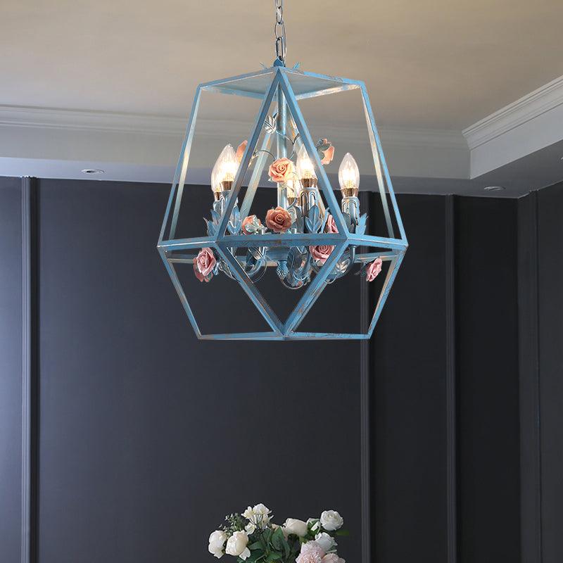 5-Light Cage Chandelier Pendant Light American Garden Blue Metal Lamp - Rebooters