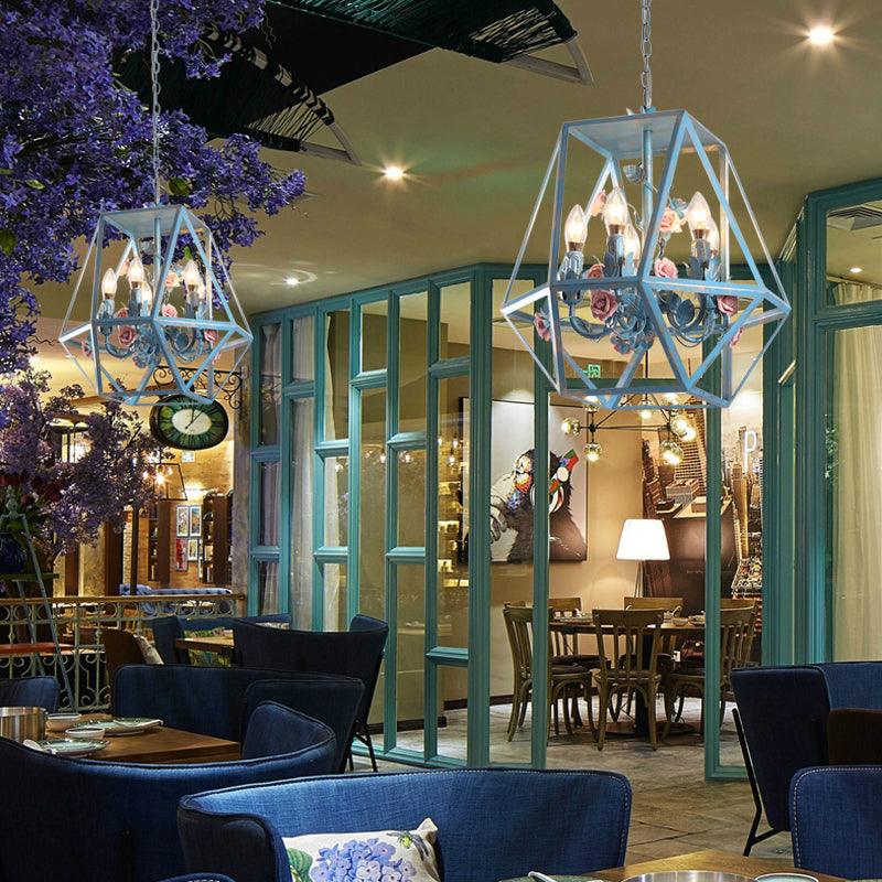 5-Light Cage Chandelier Pendant Light American Garden Blue Metal Lamp - Rebooters