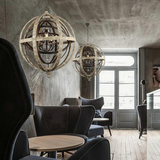 4 Bulbs Chandelier Pendant Light Vintage Sphere Distressed Wood - Rebooters