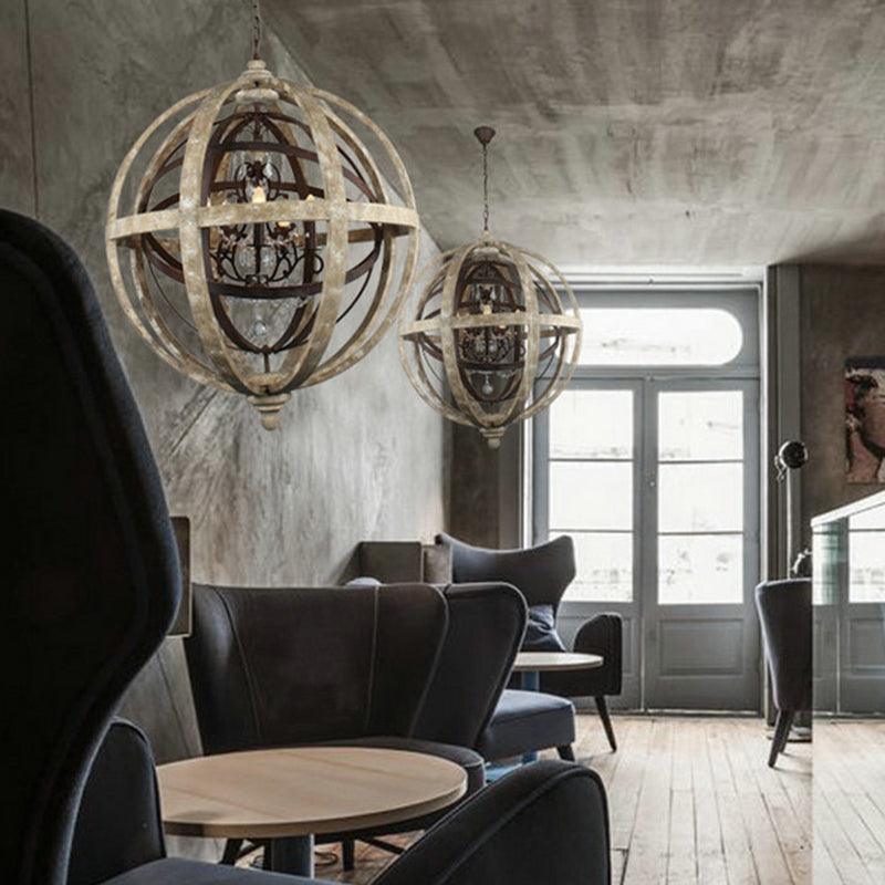 4 Bulbs Chandelier Pendant Light Vintage Sphere Distressed Wood - Rebooters