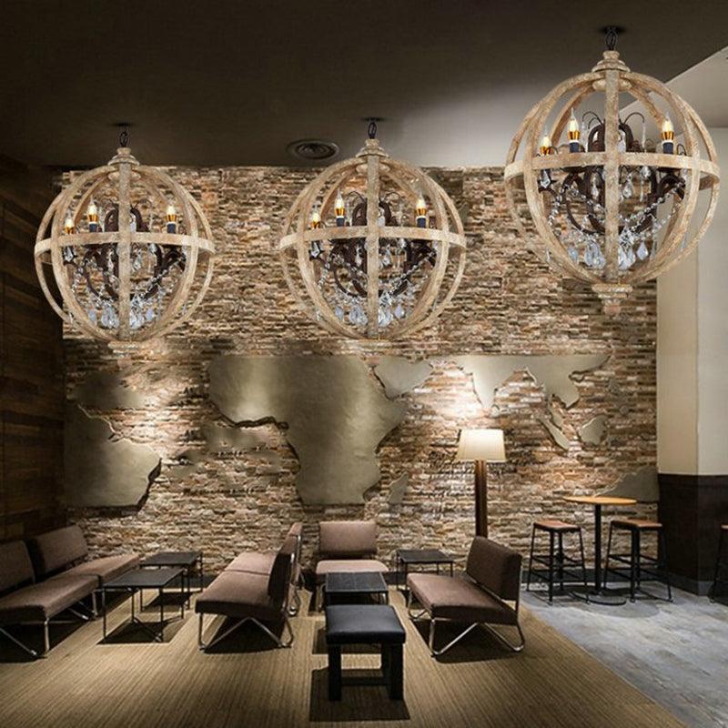 4 Bulbs Chandelier Pendant Light Vintage Sphere Distressed Wood - Rebooters