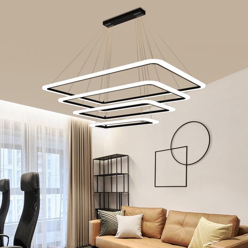 4-Tier Rectangular Living Room LED Suspension Light Acrylic Nordic Style Chandelier Light in Black - Rebooters