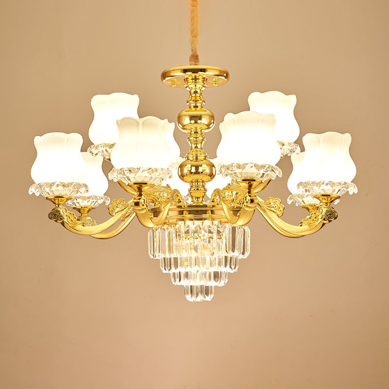 Flower Restaurant Hanging Light Fixture Traditional Opal Glass Gold Chandelier with Crystal Deco - Rebooters