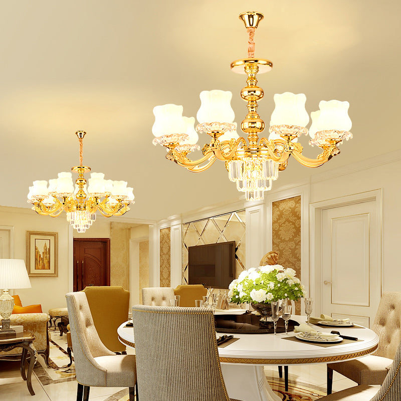 Flower Restaurant Hanging Light Fixture Traditional Opal Glass Gold Chandelier with Crystal Deco - Rebooters