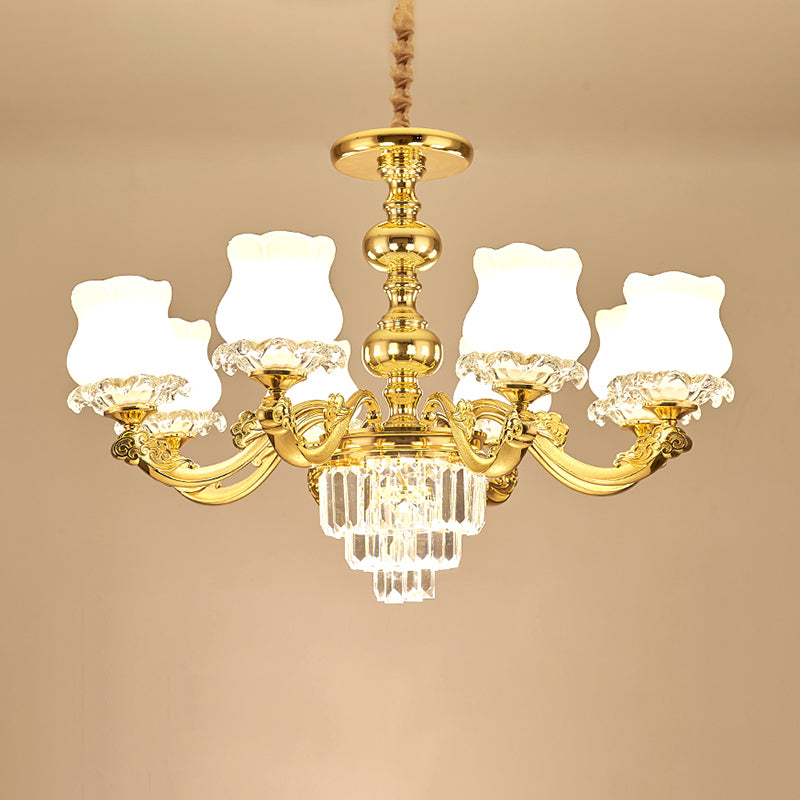 Flower Restaurant Hanging Light Fixture Traditional Opal Glass Gold Chandelier with Crystal Deco - Rebooters