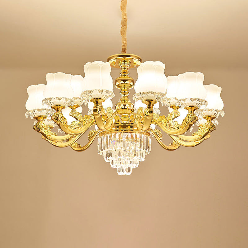 Flower Restaurant Hanging Light Fixture Traditional Opal Glass Gold Chandelier with Crystal Deco - Rebooters
