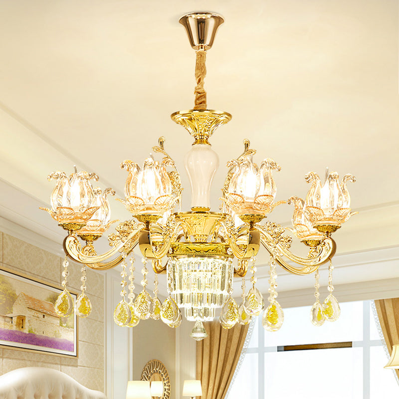 Carved Glass Lotus Shape Hanging Lamp Traditional Chandelier - Rebooters