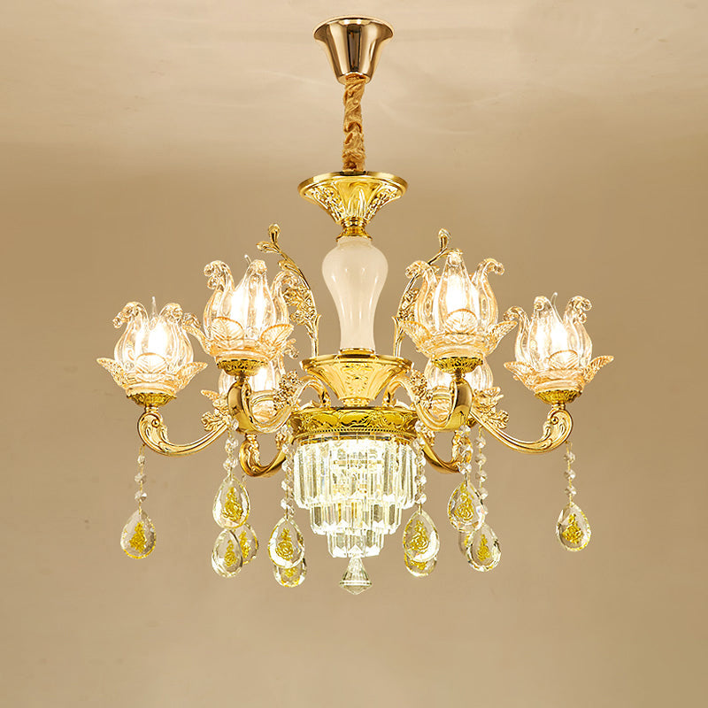 Carved Glass Lotus Shape Hanging Lamp Traditional Chandelier - Rebooters