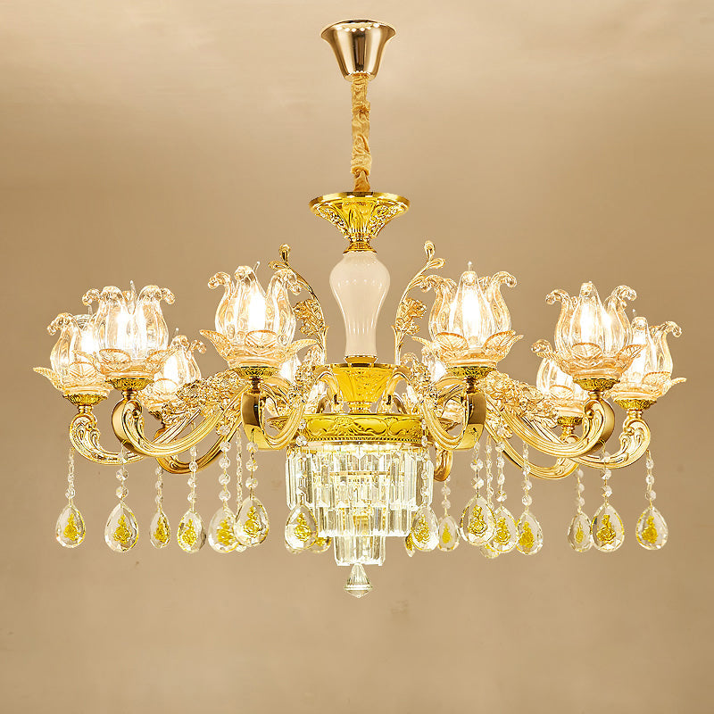 Carved Glass Lotus Shape Hanging Lamp Traditional Chandelier - Rebooters