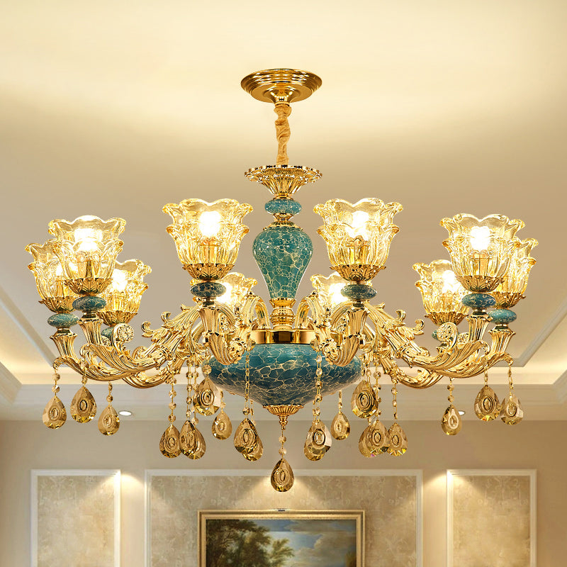 2-Layered Flower Chandelier Vintage Gold Finish Glass Light - Rebooters