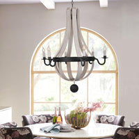 6 Lights Empire Shape Chandelier Lamp Traditional Blue White Wood Hanging Light Fixture - Rebooters