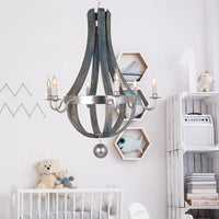 6 Lights Empire Shape Chandelier Lamp Traditional Blue White Wood Hanging Light Fixture - Rebooters