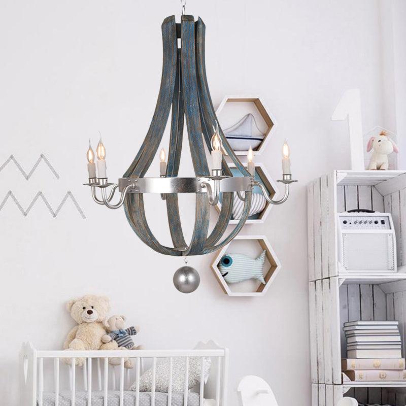 6 Lights Empire Shape Chandelier Lamp Traditional Blue White Wood Hanging Light Fixture - Rebooters