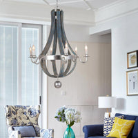 6 Lights Empire Shape Chandelier Lamp Traditional Blue White Wood Hanging Light Fixture - Rebooters