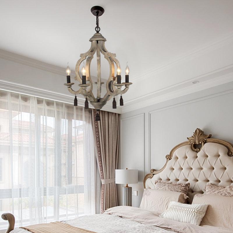 5 Lights Wood Ceiling Light Traditional Dark Wood Lantern Chandelier - Rebooters