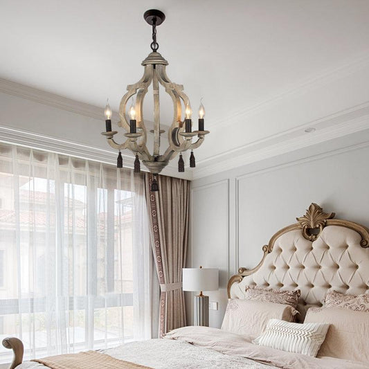 5 Lights Wood Ceiling Light Traditional Dark Wood Lantern Chandelier - Rebooters