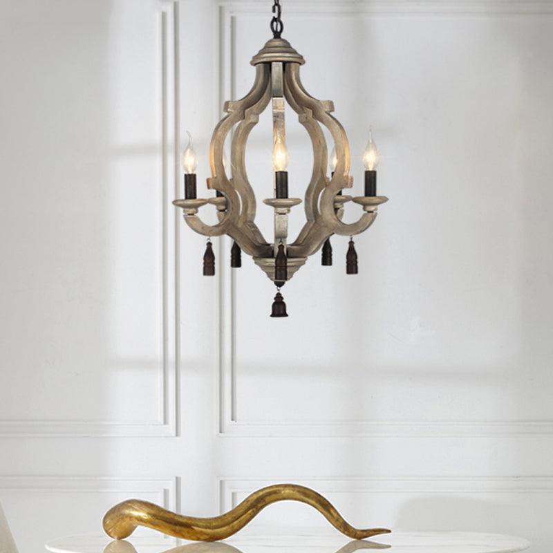 5 Lights Wood Ceiling Light Traditional Dark Wood Lantern Chandelier - Rebooters