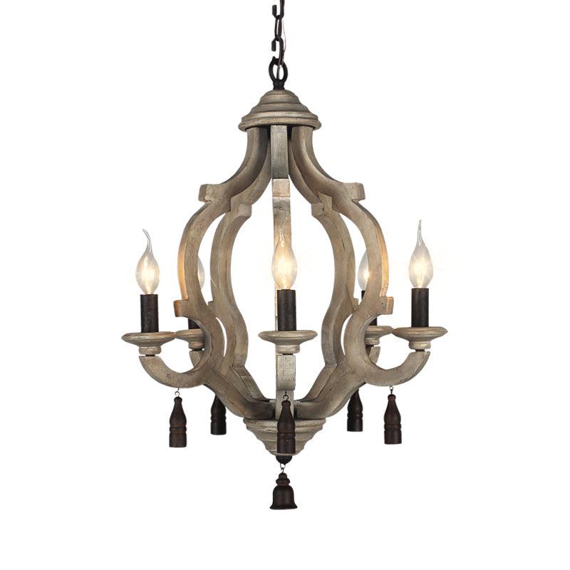 5 Lights Wood Ceiling Light Traditional Dark Wood Lantern Chandelier - Rebooters