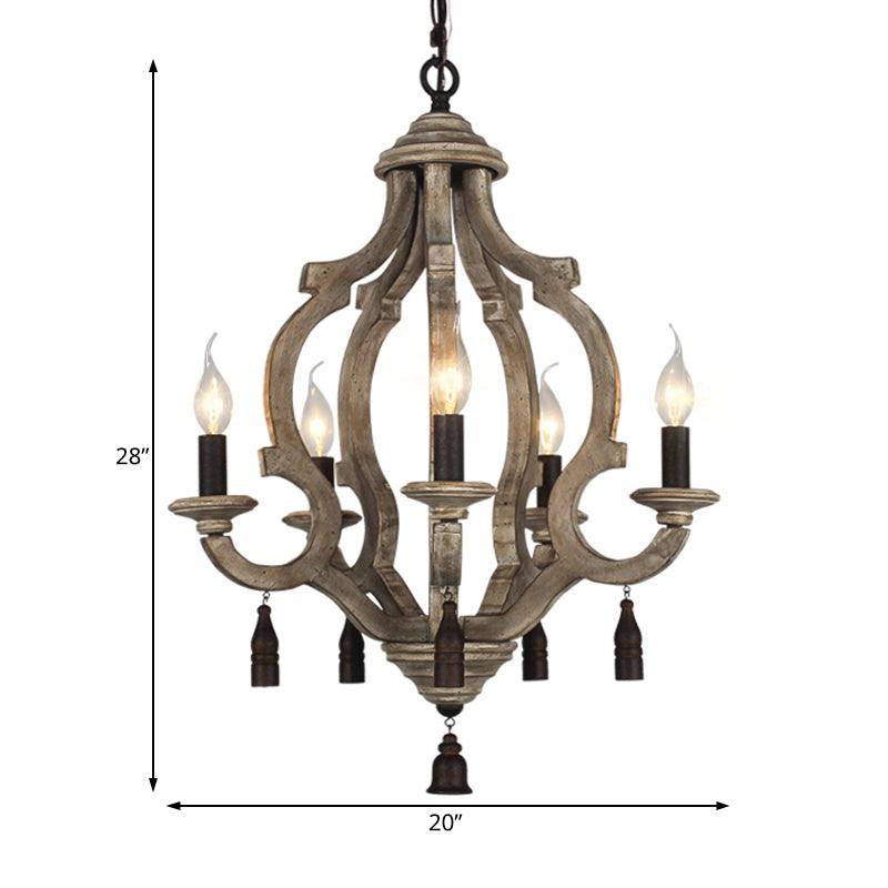 5 Lights Wood Ceiling Light Traditional Dark Wood Lantern Chandelier - Rebooters