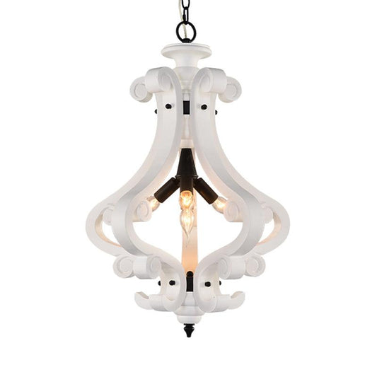 4 Lights Beige/White Chandelier Lamp Traditional Wood Lantern Ceiling Light - Rebooters