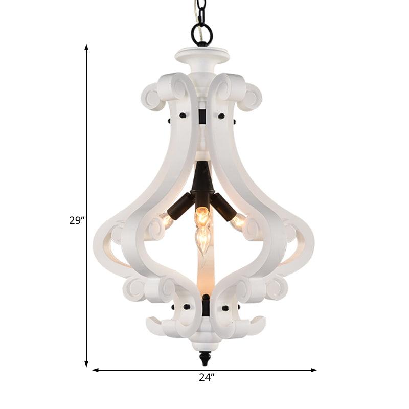 4 Lights Beige/White Chandelier Lamp Traditional Wood Lantern Ceiling Light - Rebooters