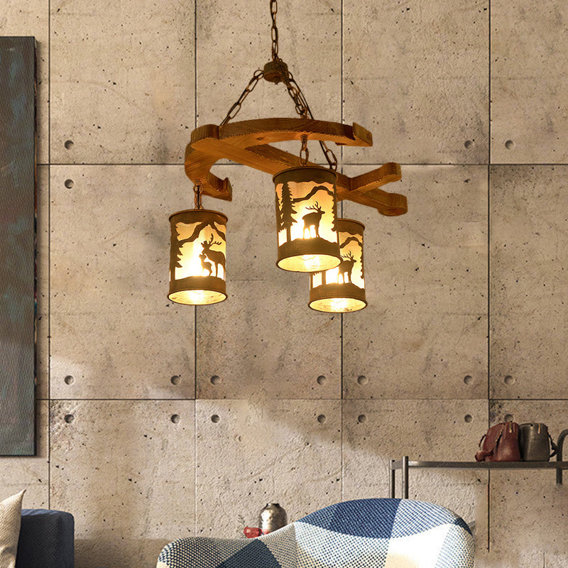 Cylinder Living Room Chandelier Rustic Wood 3 Lights Brown Fixture - Rebooters
