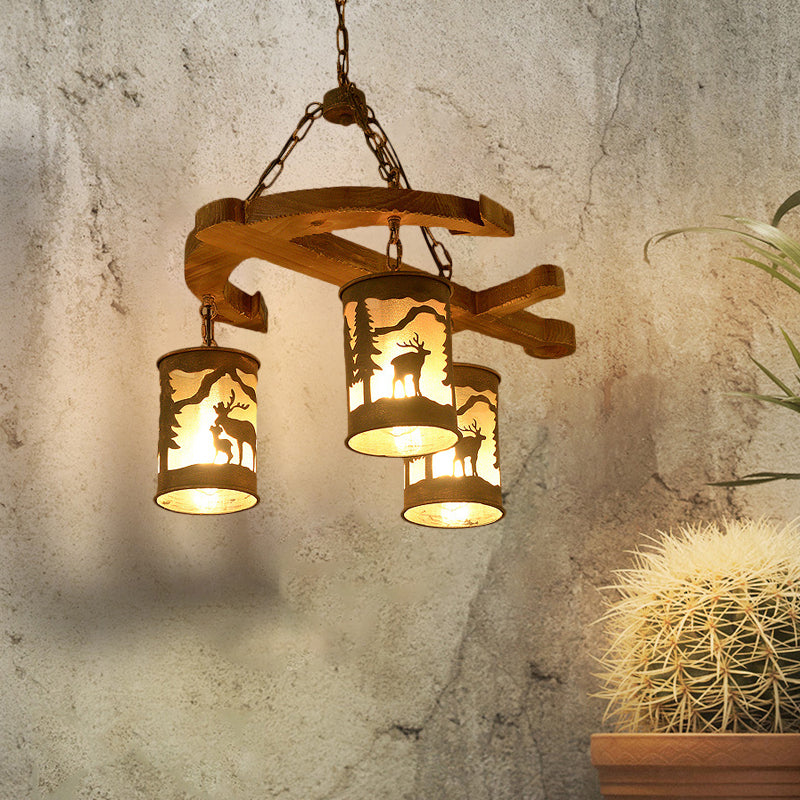Cylinder Living Room Chandelier Rustic Wood 3 Lights Brown Fixture - Rebooters