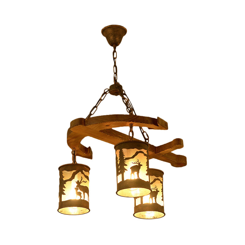 Cylinder Living Room Chandelier Rustic Wood 3 Lights Brown Fixture - Rebooters
