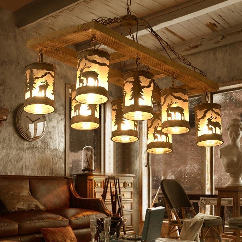 8 Lights Ceiling Light Country Style Linear Wood and Metal Hanging Chandelier in Bronze - Rebooters